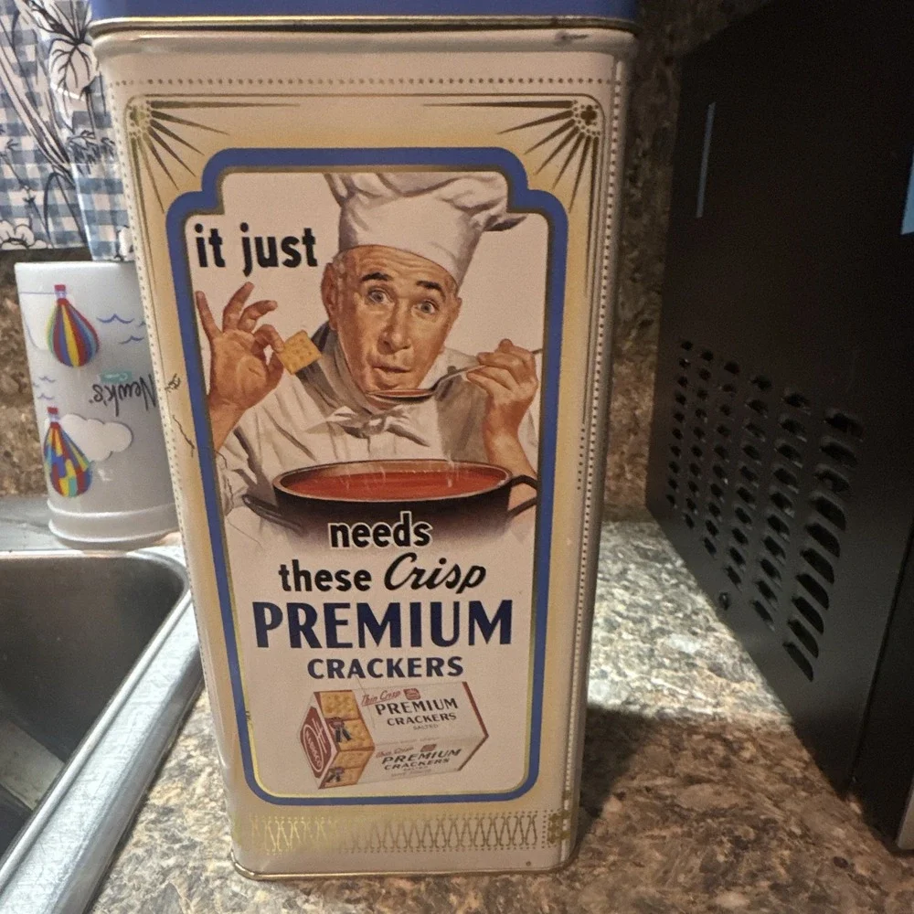 Nabisco Premium Saltine Crackers Collectible Tin Canister Blue/White 1876 Repro